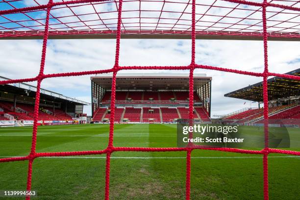 General view of Pittodrie Stadium, home of Aberdeen FC, prior to kick off at Pittodrie Stadium on August 9, 2015 in Aberdeen, Scotland.