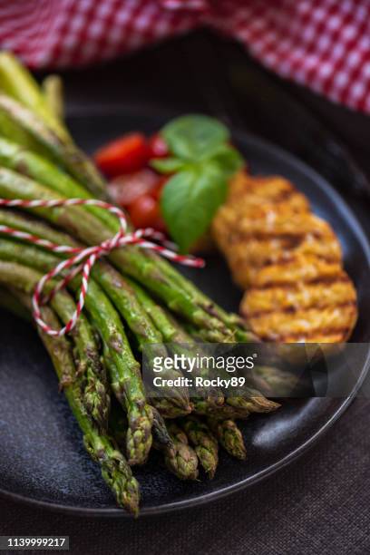 grilled green asparagus with tempeh - tempe stock pictures, royalty-free photos & images