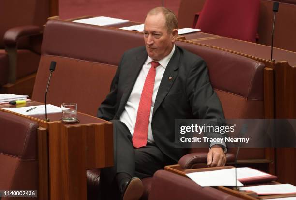 Senator Fraser Anning in the Senate at Parliament House on April 03, 2019 in Canberra, Australia. Senator Anning is facing a censure motion over his...