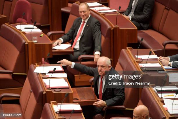 Nationals Senator John Williams and Senator Fraser Anning in the Senate at Parliament House on April 03, 2019 in Canberra, Australia. Senator Anning...