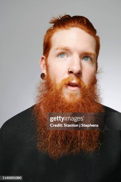 studio portrait of young man with blue eyes, red hair and overgrown beard - red head man fotografías e imágenes de stock