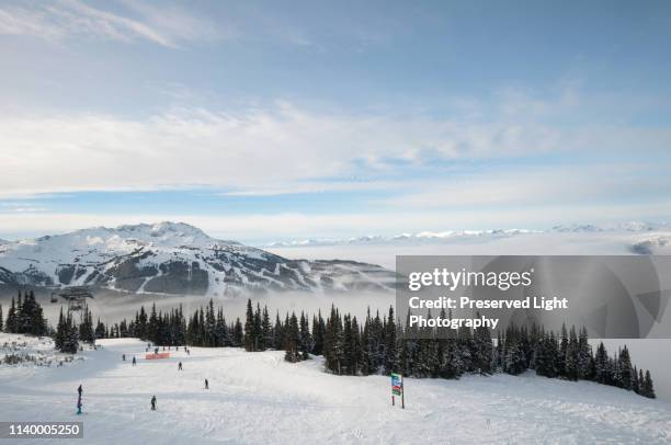 high angle view of skiers, whistler blackcomb ski resort, british columbia, canada - whistler stockfoto's en -beelden