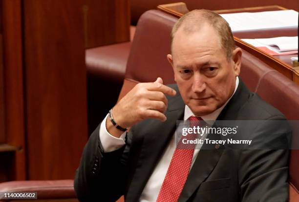 Senator Fraser Anning in the Senate at Parliament House on April 03, 2019 in Canberra, Australia. Senator Anning is facing a censure motion over his...