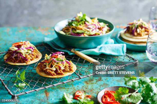 pulled chicken tostada with slaw - mexicaanse-gerechten stockfoto's en -beelden