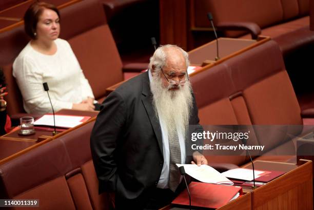 Senator Patrick Dodson speaks in the senate at Parliament House on April 03, 2019 in Canberra, Australia. Senator Anning is facing a censure motion...