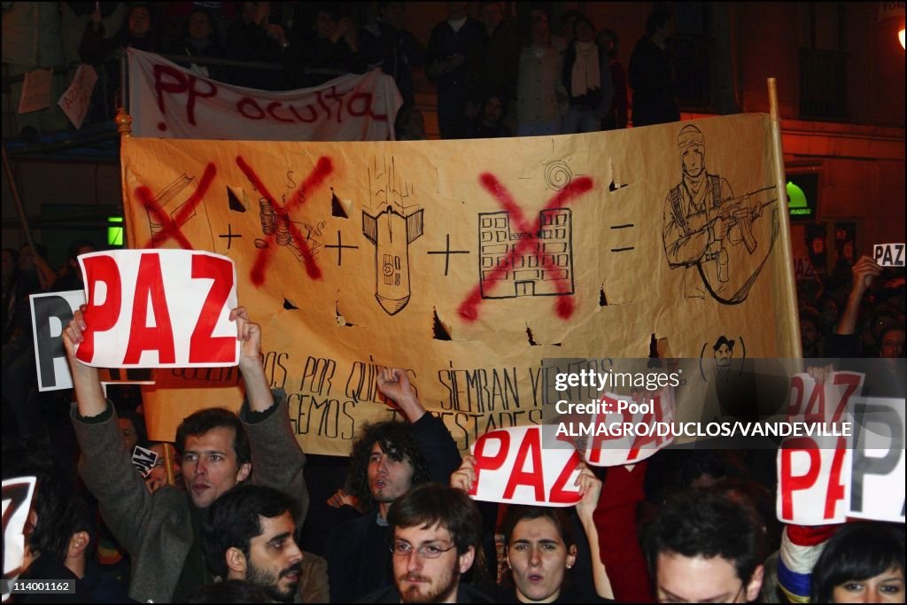 Thousands of demonstrators gather in the center of Madrid protesting the government's failure to link the Thursday March 11 bomb attacks on commuter trains, to Al-Qaida, in Madrid, Spain On March 13, 2004-