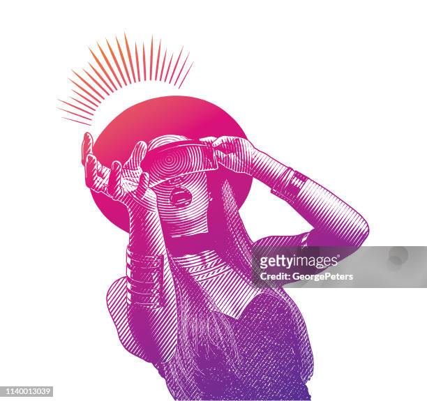 illustrazioni stock, clip art, cartoni animati e icone di tendenza di bella giovane donna che usa il simulatore di realtà virtuale - realtà virtuale