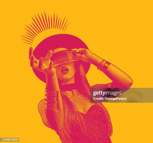 beautiful young woman using virtual reality simulator - holding game controller stock illustrations