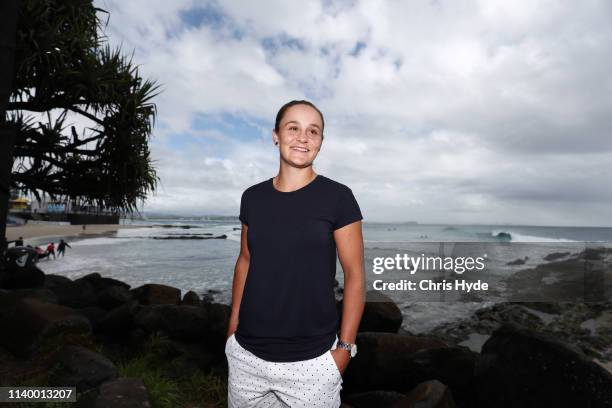 Australian tennis player Ashleigh Barty poses during a press conference following her win at the Miami Open, at Snapper Rocks on April 03, 2019 in...