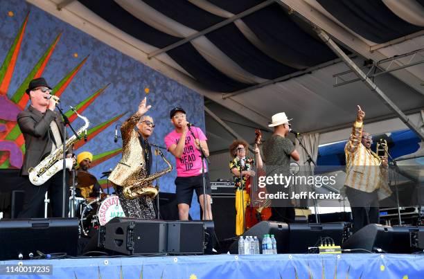 Charlie Gabriel,Walter Harris,Ben Jaffe,Ronell Johnson,Branden Lewis,Clint Maedgen,Kyle Roussel of Preservation Hall Jazz Band perform during the New...