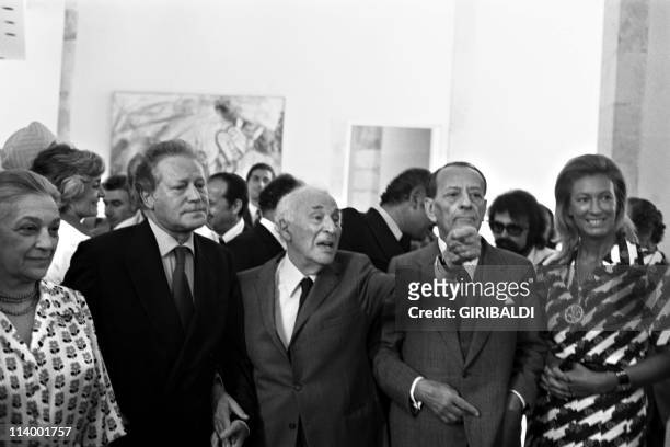 Andre Malraux at the National Museum of the Marc Chagall In Nice, France On July 08, 1973-Vava, Maurice Druon, Marc Chagall, Andre Malraux.