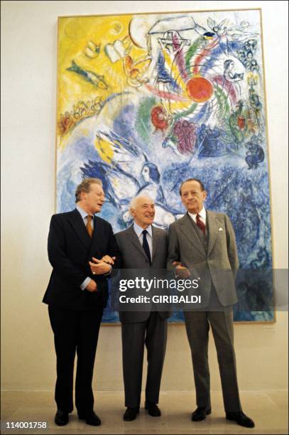 Andre Malraux at the National Museum of the Marc Chagall In Nice, France On July 08, 1973-Maurice Druon, Marc Chagall, Andre Malraux.