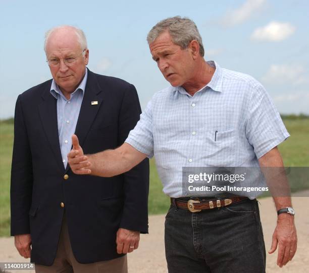 Bush holds Press Conference at Crawford Ranch In Crawford, United States On August 23, 2004 -President Bush, along with Vice President Dick Cheney,...