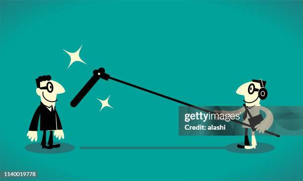 sound recordist with a long microphone recording a businessman - soundtrack stock illustrations