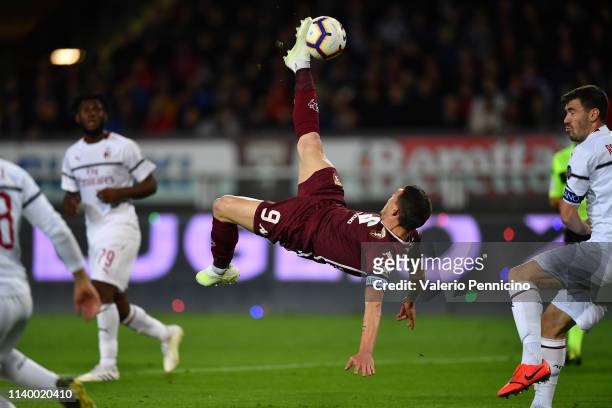 Andrea Belotti of Torino FC kicks the ball in the air during the Serie A match between Torino FC and AC Milan at Stadio Olimpico di Torino on April...