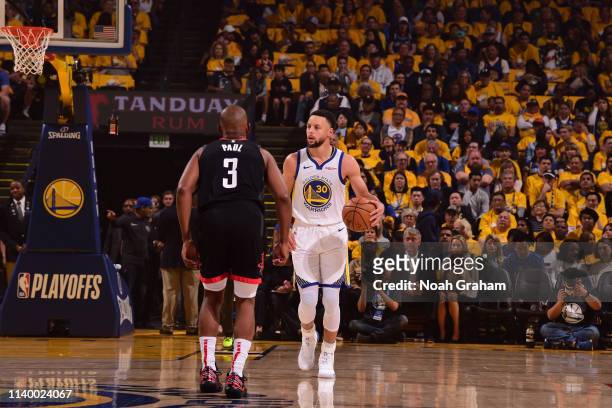 Stephen Curry of the Golden State Warriors handles the ball against the Houston Rockets during Game One of the Western Conference Semifinals of the...