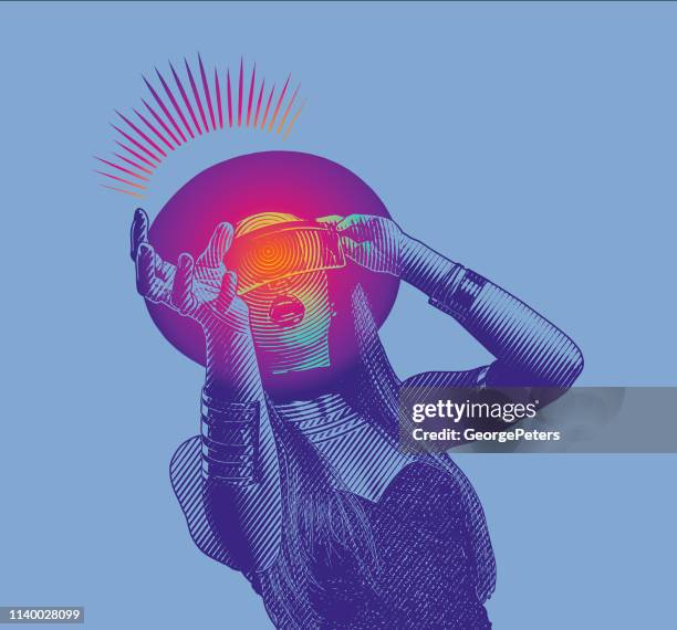 schöne junge frau mit virtual-reality-simulator - datenbrille stock-grafiken, -clipart, -cartoons und -symbole