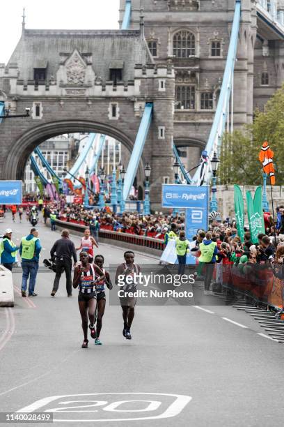 Elite Women athletes cross Tower Bridge during the Virgin Money London Marathon in London, England on April 28, 2019.