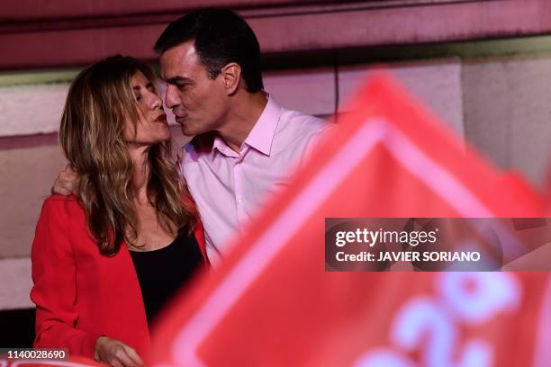 Spanish Prime Minister Pedro and Socialist Party candidate for prime minister Pedro Sanchez kisses his wife Begona Gomez during an election night...