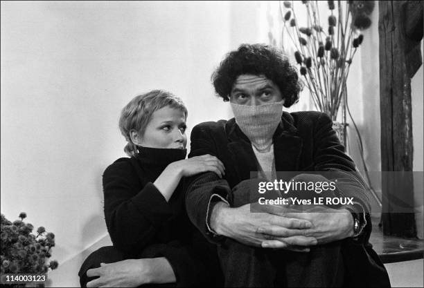 Alain Robbe-Grillet, Catherine Jourdan, Jean-Louis Trintignant in France on June, 1966-Catherine Jourdan, Alain Robbe-Grillet.