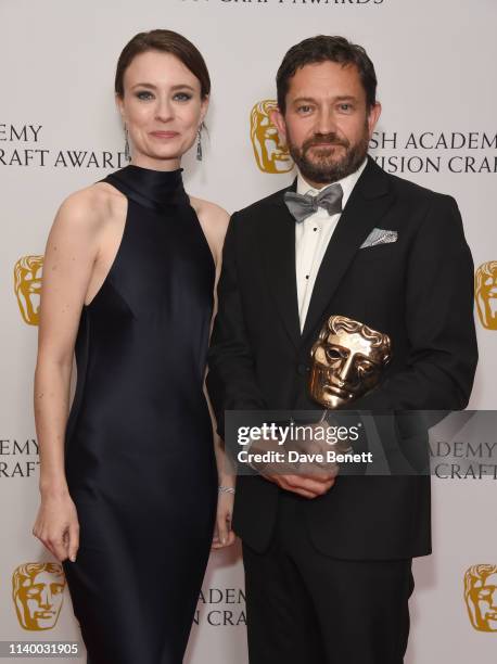 Jennifer Kirby and Tom Burton pose in the winners room at the British Academy Television Craft Awards at The Brewery on April 28, 2019 in London,...