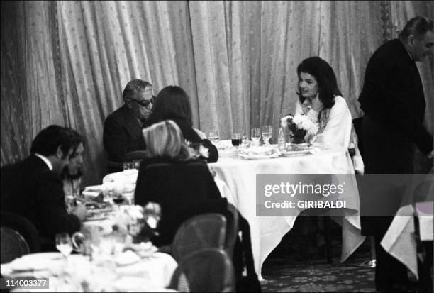 Jackie and Aristote Onassis In Monaco city, Monaco On February 25, 1974-Tina, Aristote and Jackie Onassis at the Hotel de Paris.