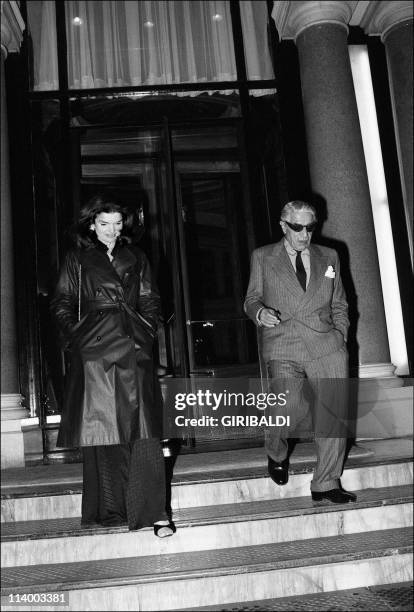 Jackie and Aristote Onassis In Monaco city, Monaco On February 25, 1974-Jackie and Aristote Onassis leaving the Hotel de Paris.