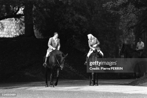 President Ronald Reagan In London, United Kingdom On June 07, 1982-Ronald Reagan, Queen Elisabeth II horseback riding in the Windsor park.