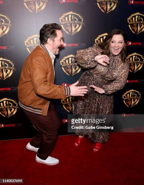 Director/actor Ben Falcone jokes around with actress Melissa McCarthy during Warner Bros. Pictures "The Big Picture" exclusive presentation during...