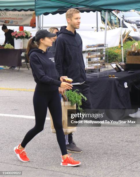 Calvin Harris and Aarika Wolf are seen on April 28, 2019 in Los Angeles, California.