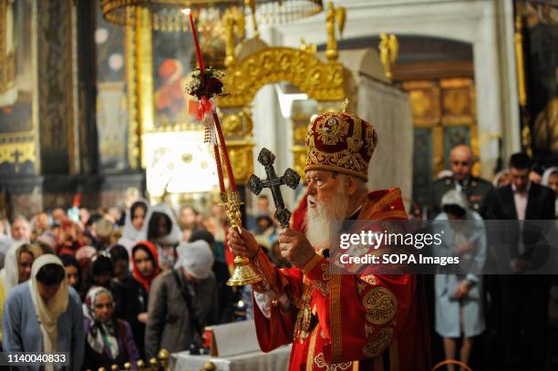 Honorary Patriarch of the Orthodox Church of Ukraine Filaret seen during the Orthodox Easter service at St. Volodymyr Cathedral. Orthodox Christian...