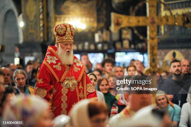 Honorary Patriarch of the Orthodox Church of Ukraine Filaret seen during the Orthodox Easter service at St. Volodymyr Cathedral. Orthodox Christian...