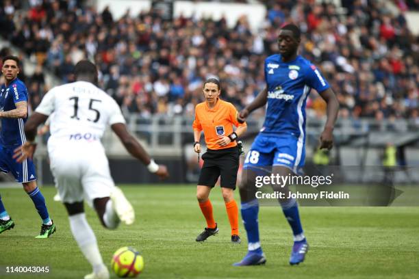 Stephanie Frappart, referee during the French Ligue 1 match between SC Amiens and RC Strasbourg Alsace on April 28, 2019 in Amiens, France.