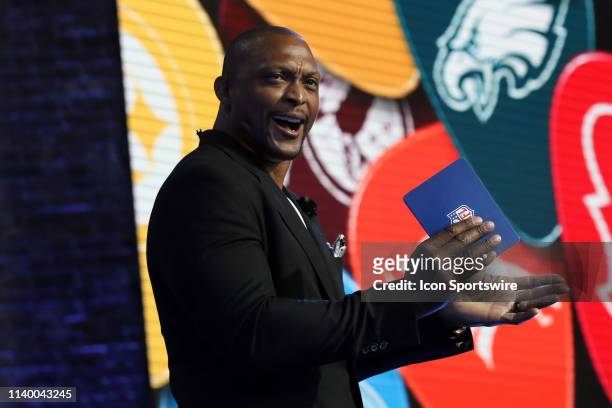 Former Tennessee Titans running back Eddie George appears for the first round of the 2019 NFL Draft on April 25 at the Draft Main Stage on Lower...