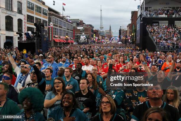View of the crowd of 150,000 fans during the first round of the 2019 NFL Draft on April 25 at the Draft Main Stage on Lower Broadway in downtown...
