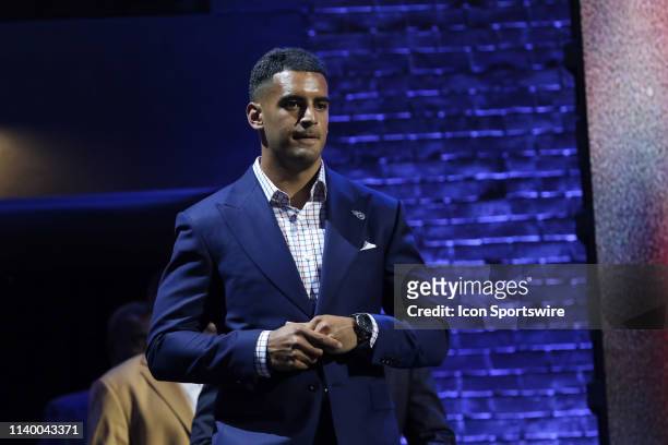 Tennessee Titans quarterback Marcus Mariota during the first round of the 2019 NFL Draft on April 25 at the Draft Main Stage on Lower Broadway in...