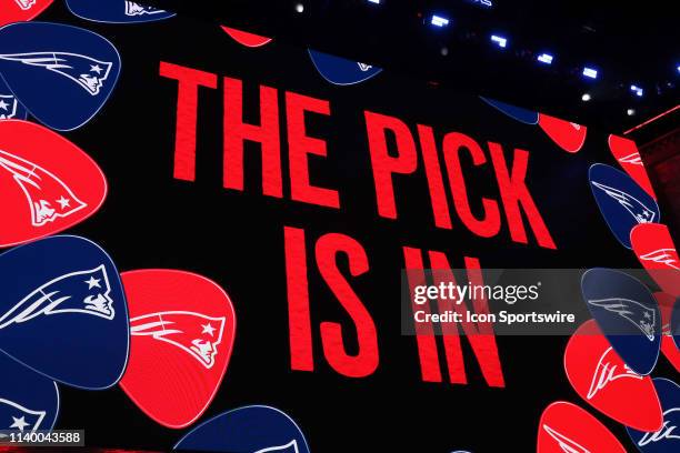 The New England Patriots turn in the final pick of the first round of the 2019 NFL Draft on April 25 at the Draft Main Stage on Lower Broadway in...