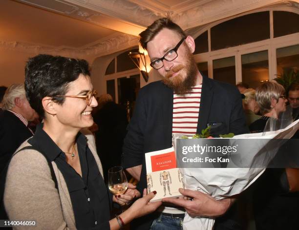 La Table Ronde Editions Publisher Alice Deon and winner of the first Regine DeforgesNovel Award Joseph Ponthus Le Gurun attend the first Régine...