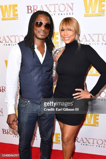 David Adefeso and Tamar Braxton are seen as We TV celebrates the premiere of "Braxton Family Values" at Doheny Room on April 02, 2019 in West...