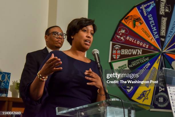 Mayor Muriel Bowser, front, and DC Public Schools Chancellor Lewis D. Ferebee discuss the roll out the chancellor's first big initiative, at Eastern...