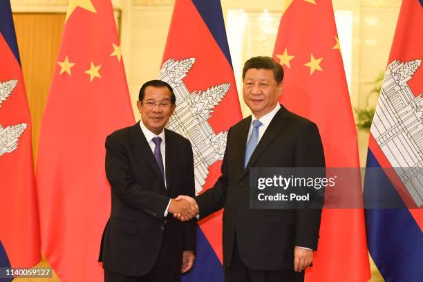 Cambodia's Prime Minister Hun Sen arrives to meet with China's President Xi Jinping at the Great Hall of the People on April 29, 2019 in Beijing,...