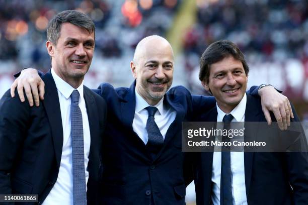 Milan's CEO Ivan Gazidis , Milan's technical director Leonardo Nascimento de Araujo and Milan's technical director Paolo Maldini , talk prior to the...