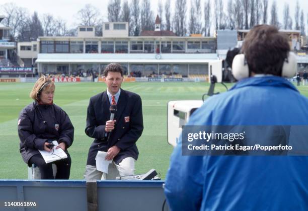 Sky Sports commentator Charles Colvile prepares to broadcast from the boundary during the Benson and Hedges Cup match between Warwickshire and...