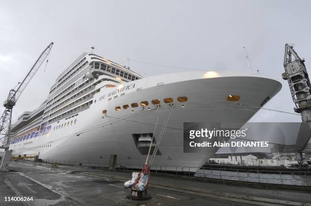 Delivery of cruise ship MSC Magnifica in STX shipyard In Saint Nazaire, France On February 25, 2010-MSC Magnifica on quay. STX shipyards of...