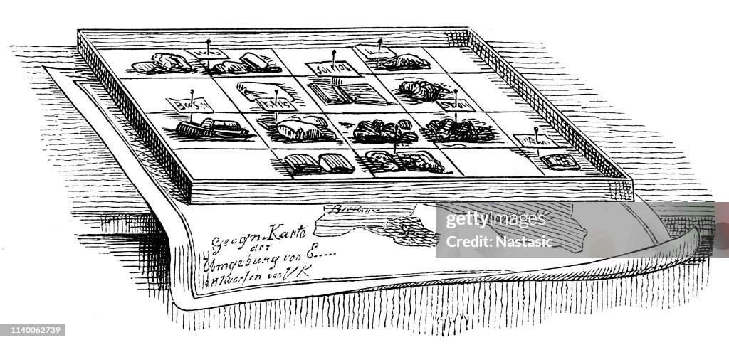 Minerals collecting box with geographical map