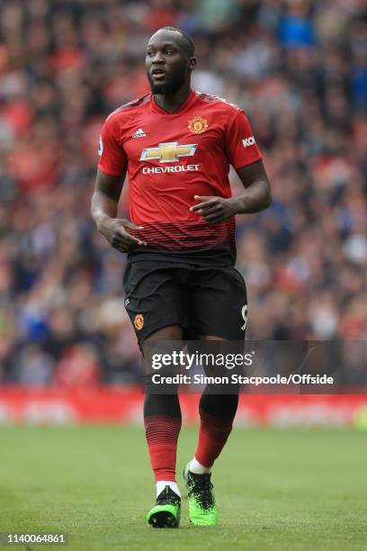 Romelu Lukaku of Man Utd looks on during the Premier League match between Manchester United and Chelsea at Old Trafford on April 28, 2019 in...