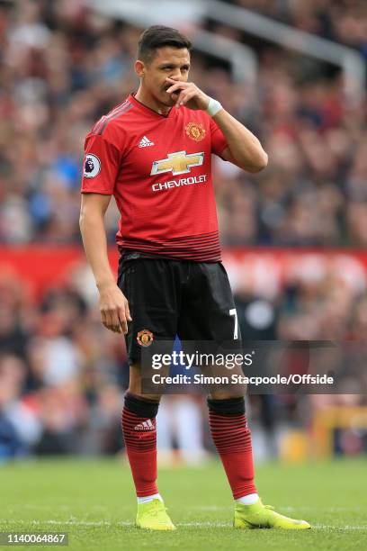 Alexis Sanchez of Man Utd looks dejected during the Premier League match between Manchester United and Chelsea at Old Trafford on April 28, 2019 in...