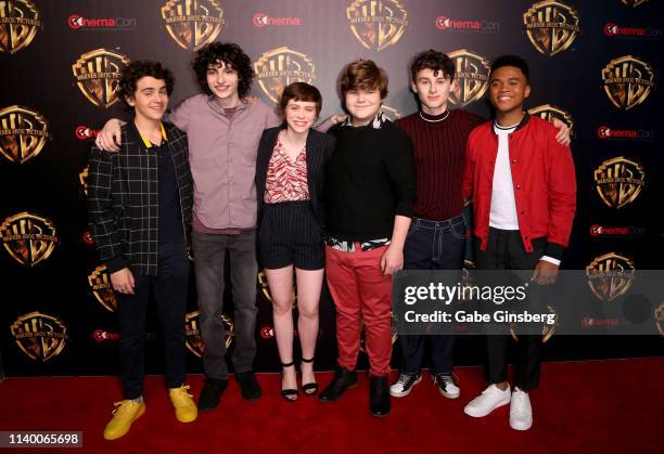 Actors Jack Dylan Grazer, Finn Wolfhard,actress Sophia Lillis, actors Jeremy Ray Taylor, Wyatt Oleff and Chosen Jacobs attend Warner Bros. Pictures...