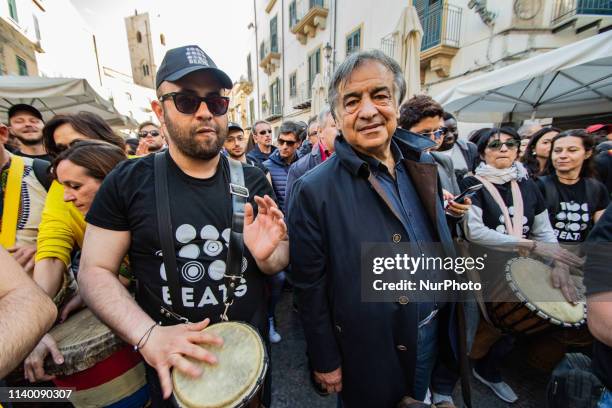 Leoluca Orlando mayor of Palermo, in Palermo, Italy, on April 29, 2019. In Palermo, 1000 students of percussion and drum, professionals and fans from...