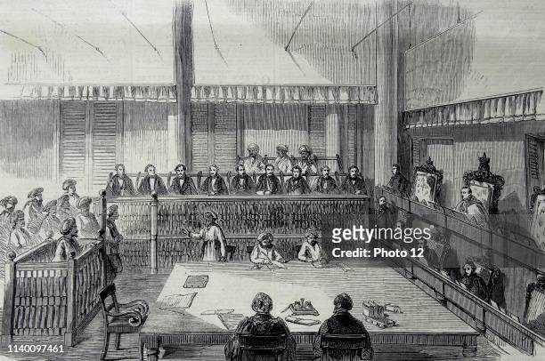 Engraving depicting the interior of the Madras Supreme Court. Located within the Madras High Court Building, India. Dated 1860.